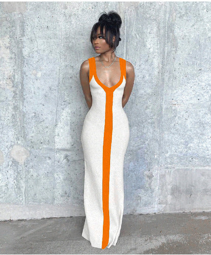 Damen elegantes Maxikleid mit tiefem V-Ausschnitt und kontrastierendem Streifen R&B