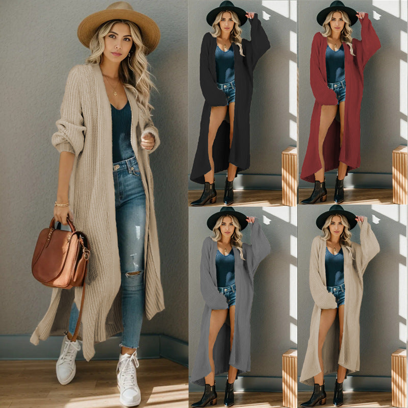 Damen lange Strickjacke in lässiger Rippstruktur mit offenen Ärmeln und Taschen