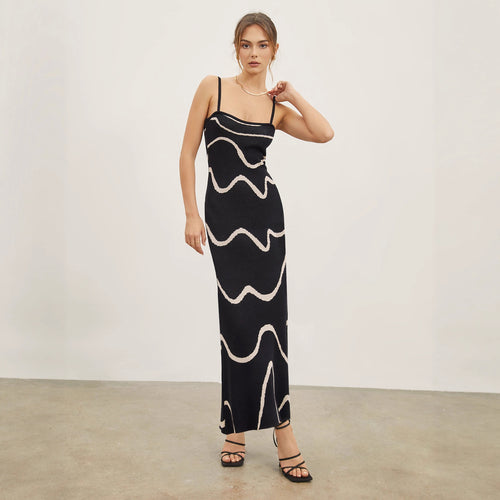 Damen Maxikleid mit modernem Wellenmuster und feinen Spaghettiträgern R&B