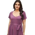 Damen lässiges Maxikleid mit Taillengürtel und V-Ausschnitt R&B
