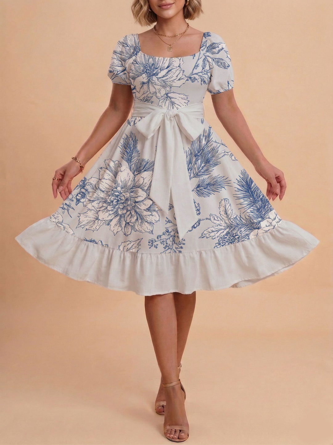 Damen Retro Maxikleid mit Puffärmeln und Taillengürtel R&B