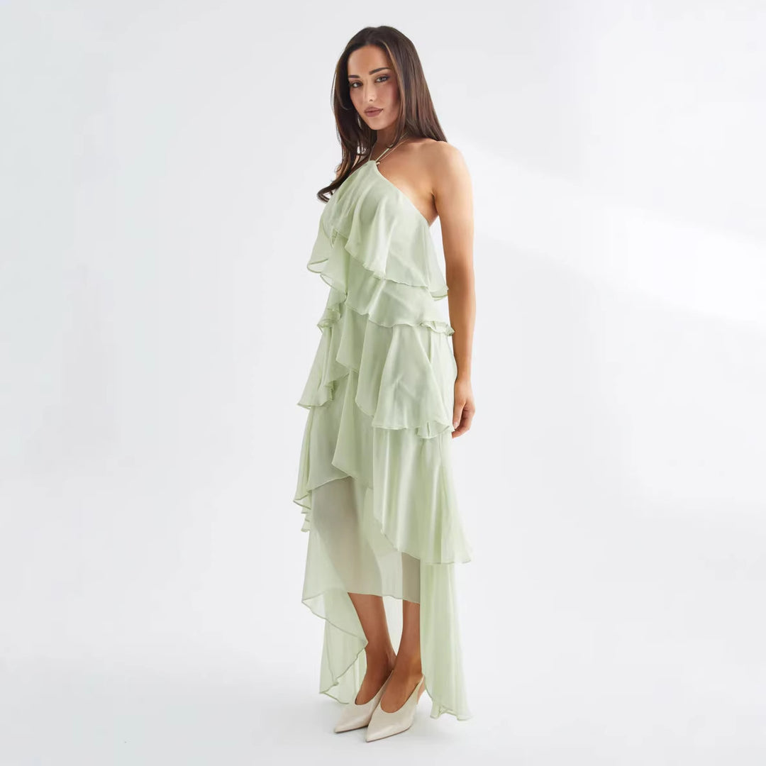 Damen Luftiges Chiffon-Maxikleid mit Rüschendetails und elegantem Halterneck R&B