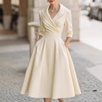 Damen nan elegantes Midikleid mit Wickeloberteil, Dreiviertelärmeln und Eingrifftaschen R&B