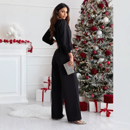 Damen Eleganter Jumpsuit mit taillierbarem Gürtel und V-Ausschnitt R&B
