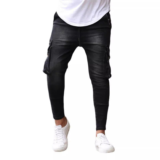 Herren Cargo-Jeans im modernen Slim-Fit Stil mit praktischen Seitentaschen und dekorativen Reißverschlüssen R&B
