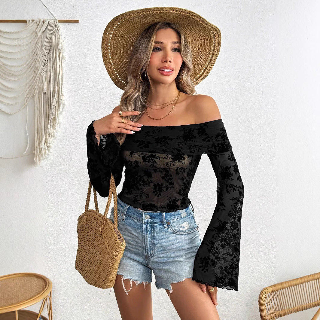 Damen nan schulterfreies Netz-Top mit floraler Samtflock-Applikation, bauchfreiem verkürztem Schnitt und Trompetenärmeln R&B