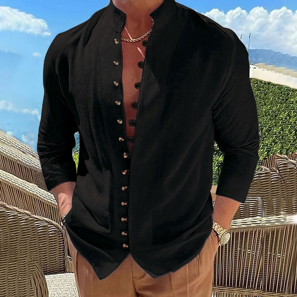Herren Hemd mit chinesischem Kragen und dekorativer Knopfleiste R&B