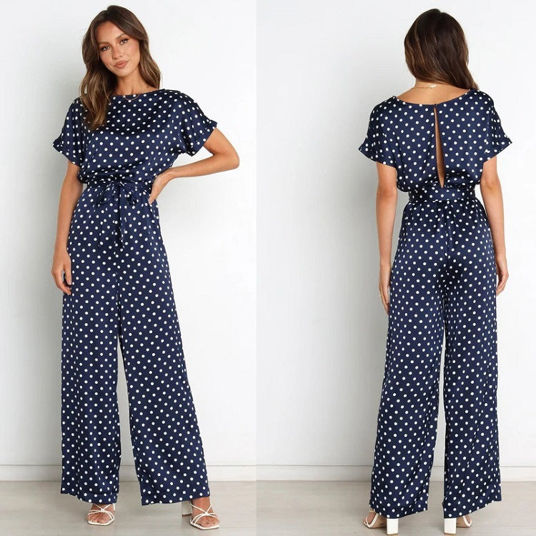 Damen Satin Jumpsuit mit weitem Bein und Taillengürtel R&B