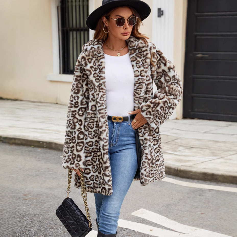 Damen Eleganter Kunstpelzmantel im Leopardenmuster R&B