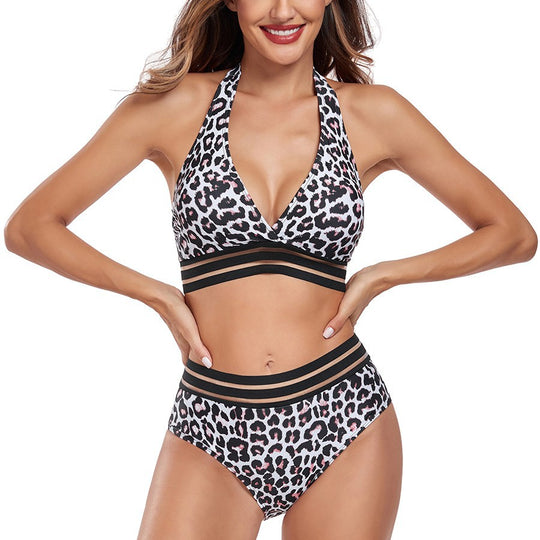 Damen Hochtailliertes Bikini-Set mit sportlichem Crop-Top und grafischem Muster R&B