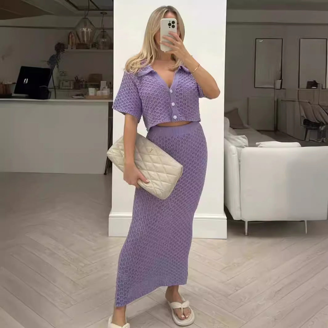 Damen Strick-Set mit offenem Cardigan und maxi Rock R&B