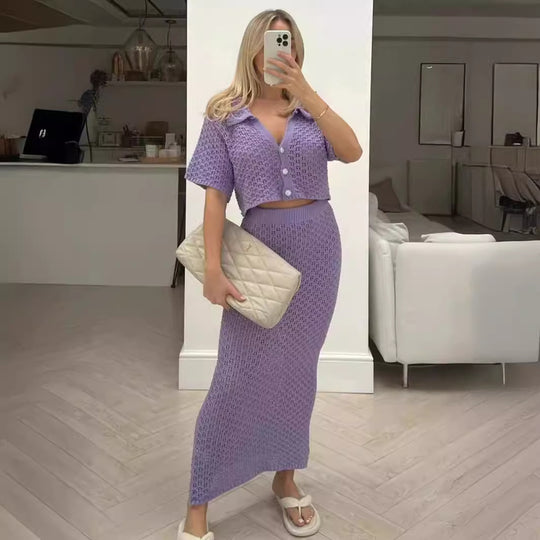 Damen Strick-Set mit offenem Cardigan und maxi Rock R&B