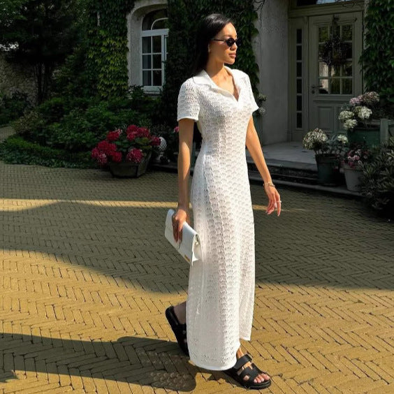 Damen Strickkleid mit raffiniertem Lochmuster und Polo-Kragen R&B