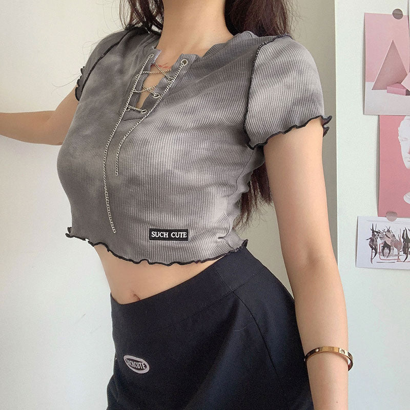 Damen cropped Oberteil mit modischem Schnürdesign und lässigem Saum R&B