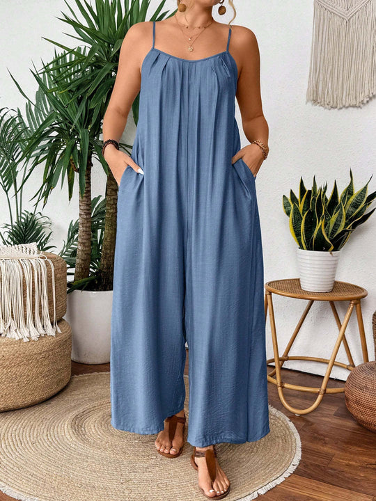 Damen luftiger Jumpsuit mit schmalen Spaghettiträgern und seitlichen Taschen R&B