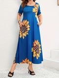 Damen Sommerliches Maxikleid mit floralem Sonnenblumenmuster und praktischen Taschen R&B