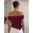 Damen Off-Shoulder Oberteil mit filigranem Spitzendetail und lässigem Schnitt R&B