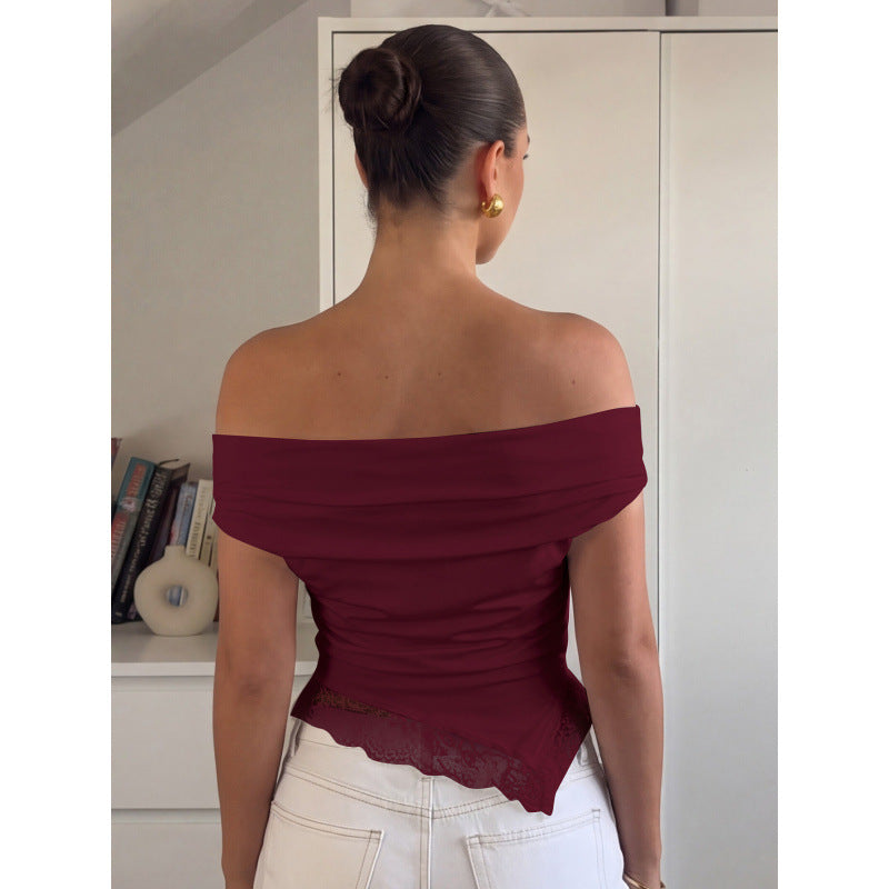 Damen Off-Shoulder Oberteil mit filigranem Spitzendetail und lässigem Schnitt R&B