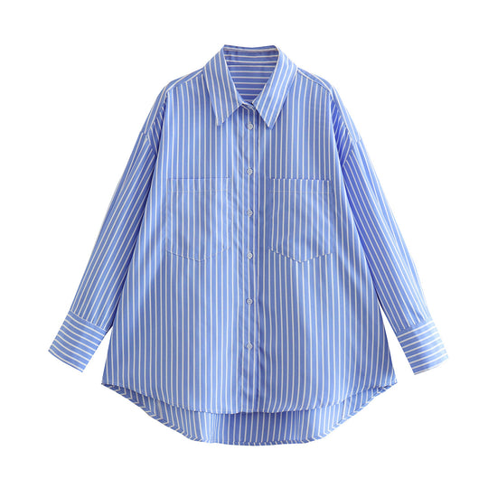 Damen lässige gestreifte Bluse mit klassischen Knopfdetails und Brusttaschen R&B