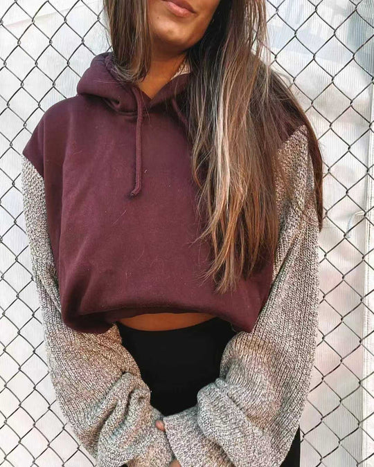 Damen nan Kapuzen-Cropped-Pullover mit weitgeschnittenen Strickärmeln und Kordelzug R&B