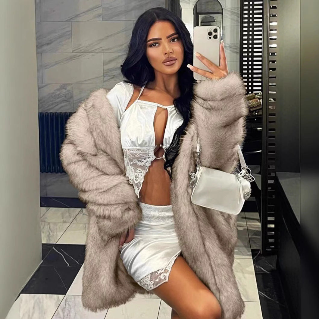 Damen Oversized Kunstfell-Mantel mit luxuriösem Innenfutter und elegantem Schnitt R&B