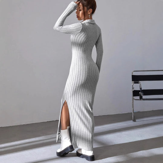 Damen Maxikleid mit strukturiertem V-Ausschnitt und Seitenschlitzen R&B