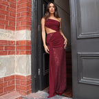 Damen Elegantes Maxikleid mit asymmetrischem Design und Spitzenverarbeitung R&B