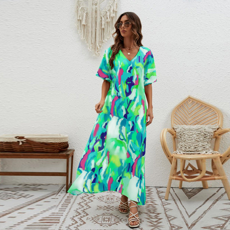 Damen Maxikleid mit V-Ausschnitt und weitem Schnitt R&B
