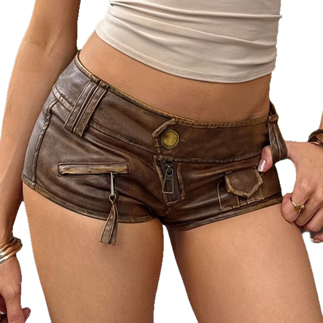 Damen Kunstleder-Shorts mit dekorativen Reißverschlüssen und stylischen Taschen R&B