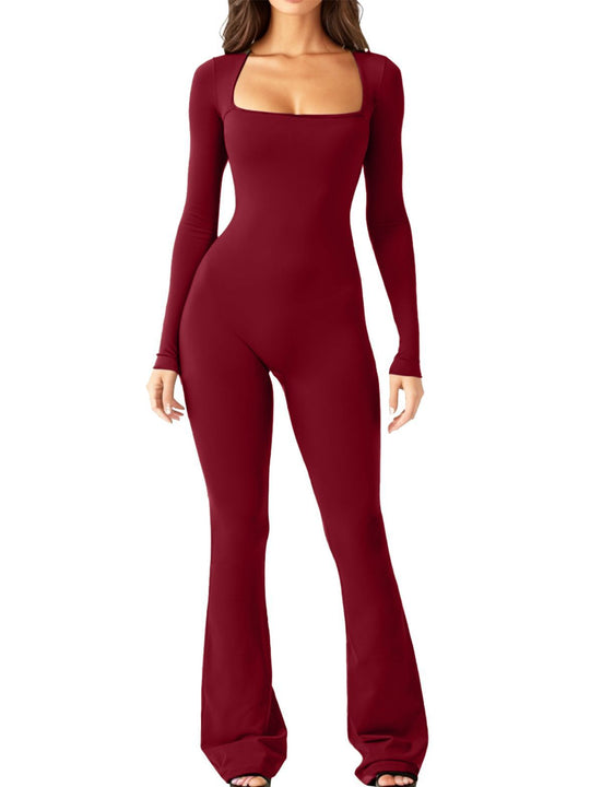 Damen Langarm-Overall mit quadratischem Ausschnitt und weitem Bein R&B