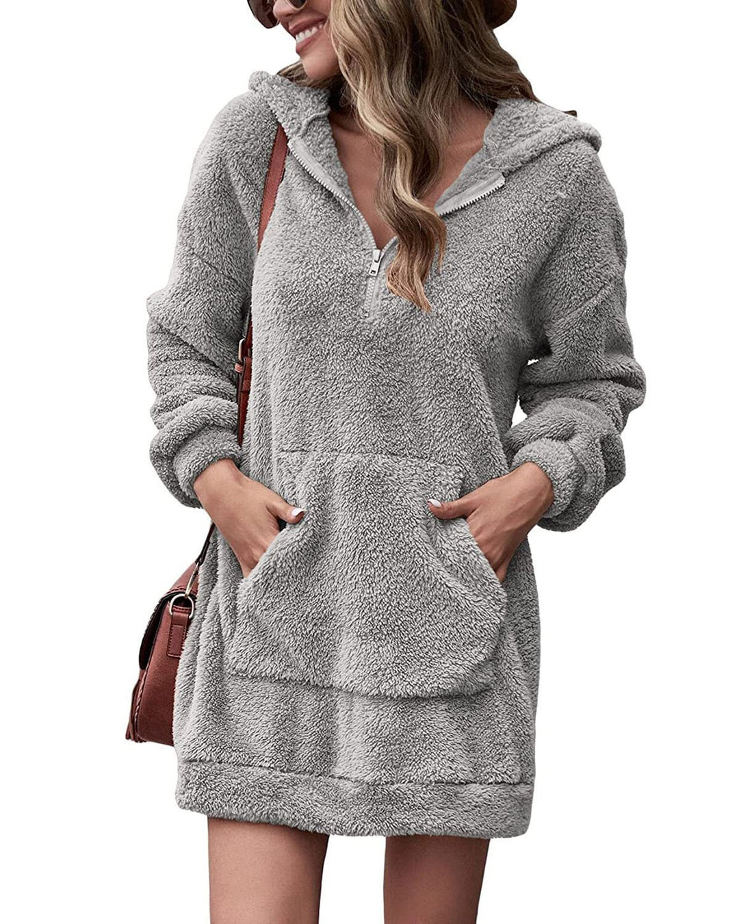 Damen Kuscheliger Hoodie-Kleid mit praktischen Taschen und halben Reißverschluss R&B