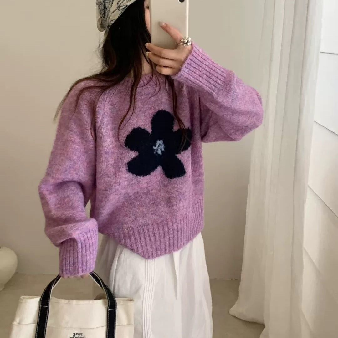 Damen Pullover mit floralem Design und hochflorigem Material R&B