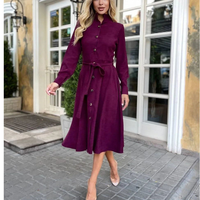 Damen Midi-Kleid mit Knopfleiste und Taillengürtel R&B