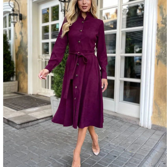 Damen Midi-Kleid mit Knopfleiste und Taillengürtel R&B