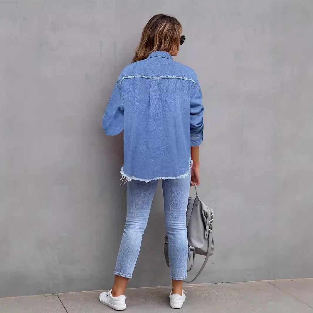 Damen Jeansjacke mit lässigem Schnitt und großen Taschen R&B
