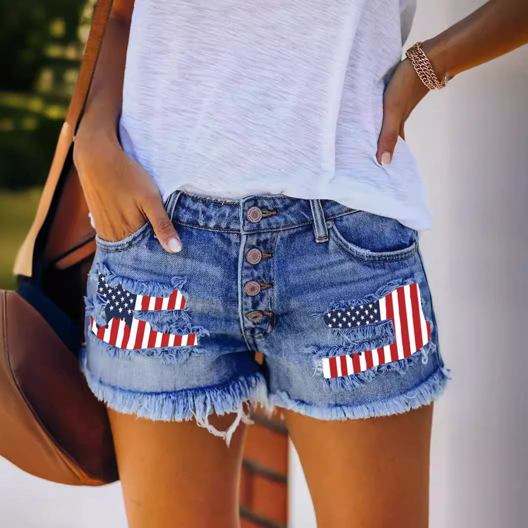 Damen Jeansshorts im trendy Vintage-Stil mit amerikanischem Motiv R&B