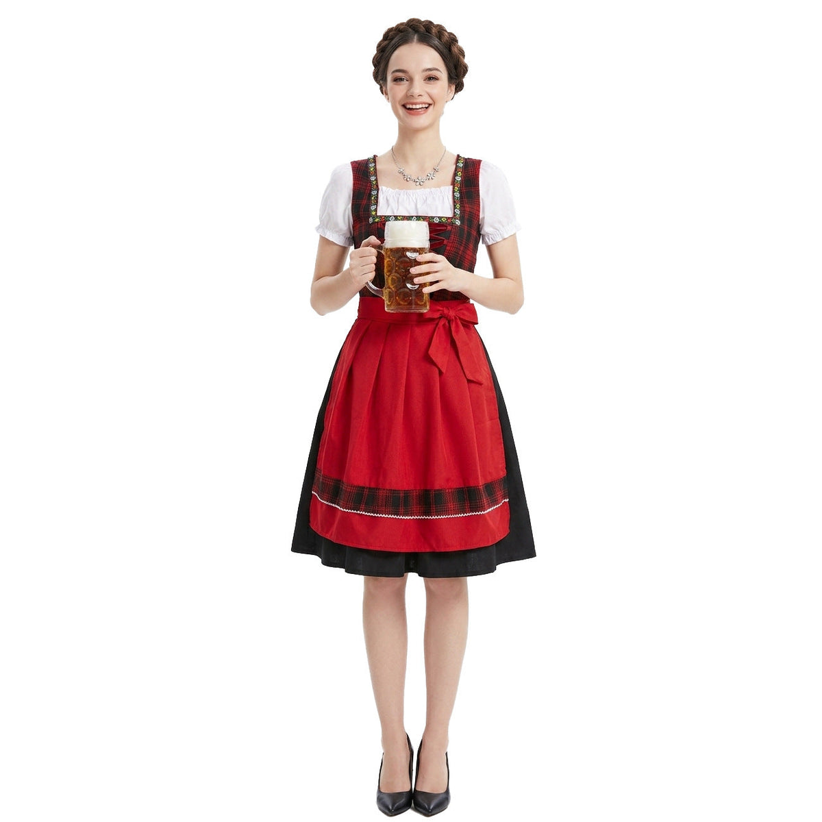 Damen nan traditionelles Dirndlkleid mit Schürze geschnürtem Mieder und kariertem Oberteil R&B