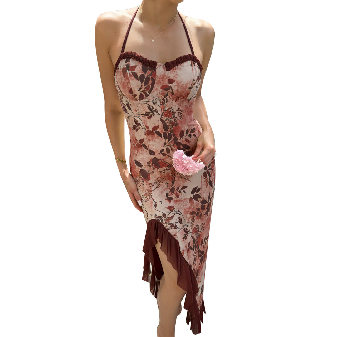 Damen asymmetrisches Floral-Maxikleid mit zartem Rüschensaum und verführerischem Schnitt R&B