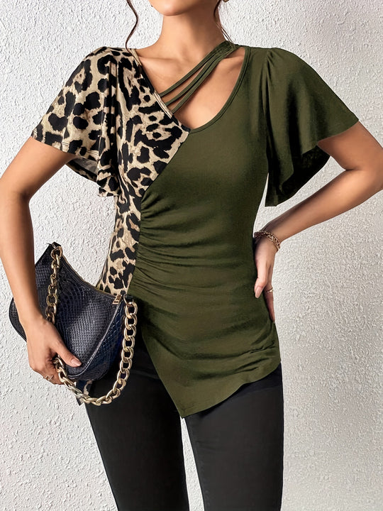 Damen nan asymmetrische Stretch-Tunika mit Leopardenprint-Seiteneinsatz und Mehrfachträgern R&B