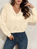 Damen V-Ausschnitt Grobstrickpullover mit filigranem Lochmuster R&B