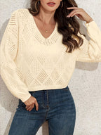Damen V-Ausschnitt Grobstrickpullover mit filigranem Lochmuster R&B