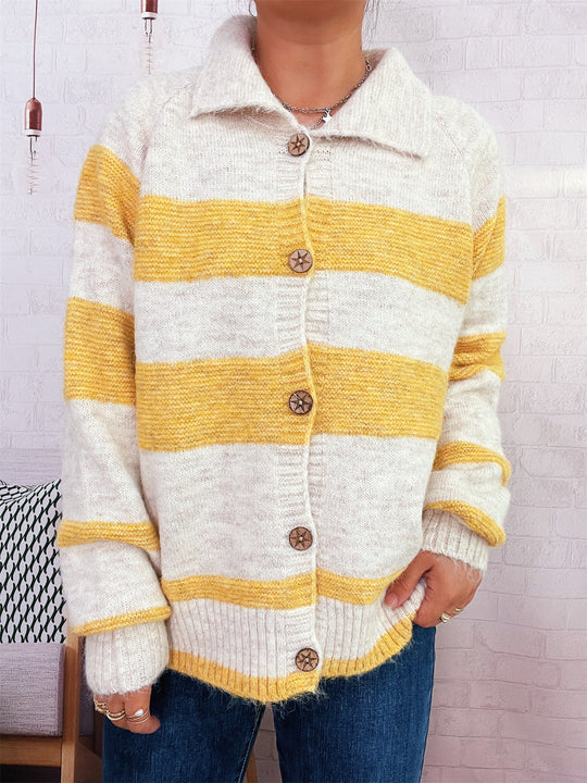 Damen gemütliche Strickjacke mit dekorativen Holzknochen und breiten Streifen R&B