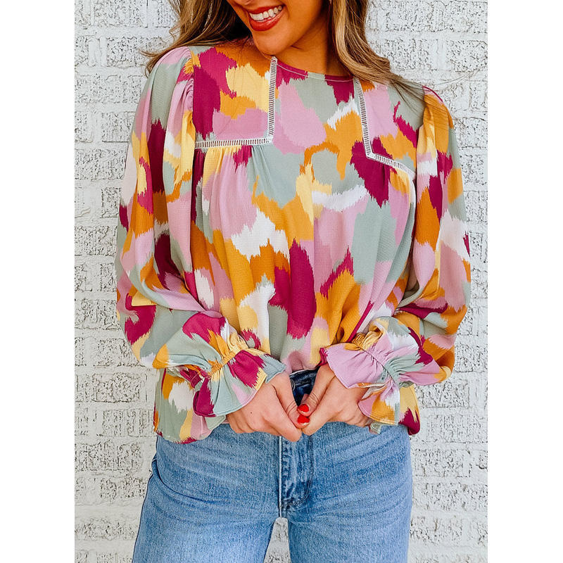 Damen Bluse mit künstlerischem Druck und gerafften Manschetten R&B