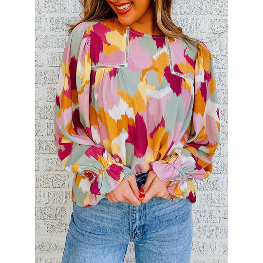 Damen Bluse mit künstlerischem Druck und gerafften Manschetten R&B
