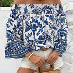 Damen Off-Shoulder Bluse mit floralen Mustern und elastischem Bündchen R&B