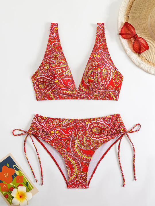 Damen Bikini-Set mit verspieltem Paisleymuster und seitlicher Schnürung R&B
