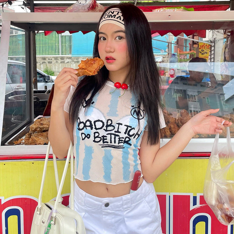 Damen Crop-Top mit kreativem Grafikdruck und figurbetontem Schnitt R&B