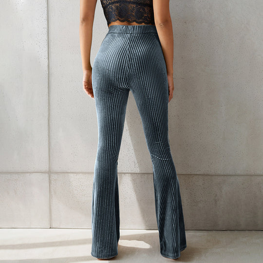 Damen elegante Schlaghose aus weichem Samt mit vertikalem Streifenmuster R&B