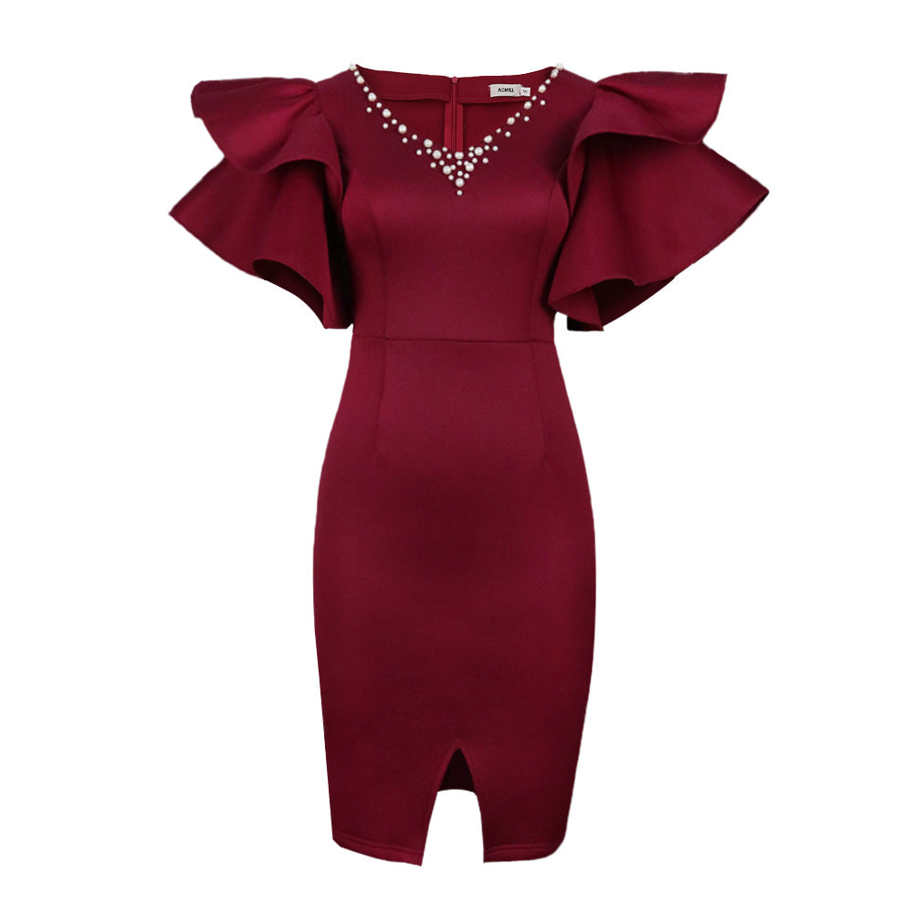 Damen Figurbetontes Kleid mit voluminösen Rüschenschultern und funkelnden Akzenten R&B
