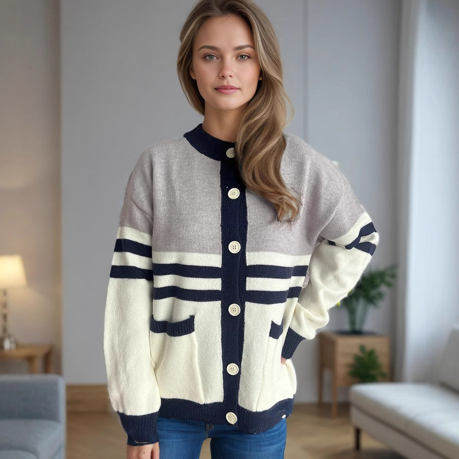 Damen Strickjacke mit modischen Streifen und praktischen Taschen R&B